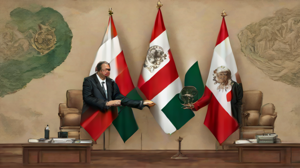 Ilustración editorial sobre política: Se restablecen las relaciones diplomáticas entre México y Perú: ¿qué revela este acuerdo?
