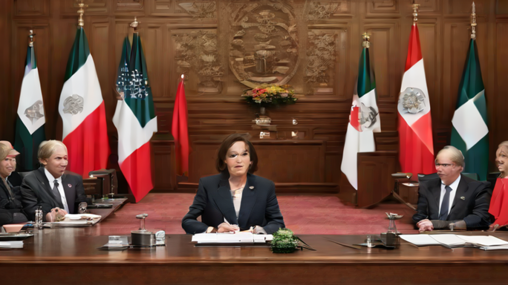 Ilustración editorial sobre política: Se restablecen las relaciones diplomáticas entre México y Perú: Claudia Sheinbaum