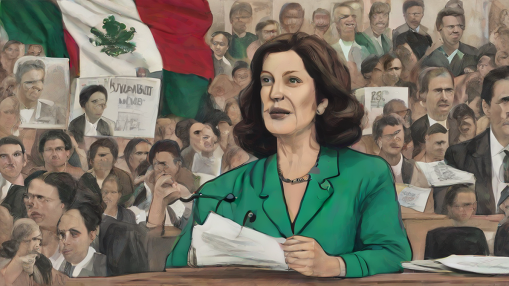 Ilustración editorial sobre política: Sheinbaum critica cancelación de visa a López Beltrán: 'Injerencia política'